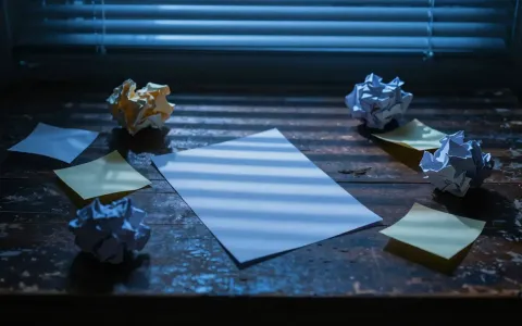 Worn desk with scattered crumpled paper in deep blue evening light through venetian blinds