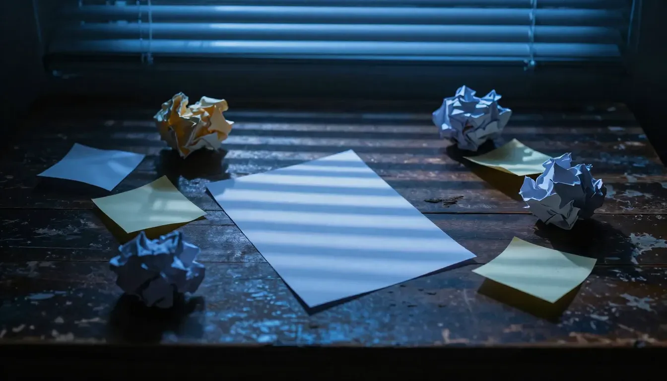 Worn desk with scattered crumpled paper in deep blue evening light through venetian blinds