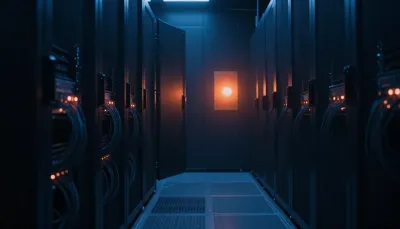 Dark server room corridor with deep blue shadows and a warm orange glow at the far end