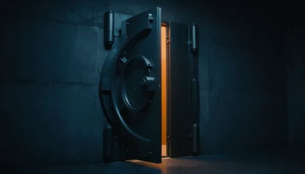 Heavy steel vault door ajar in a dark corridor with orange light escaping through the gap