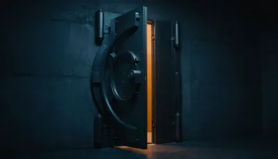 Heavy steel vault door ajar in a dark corridor with orange light escaping through the gap