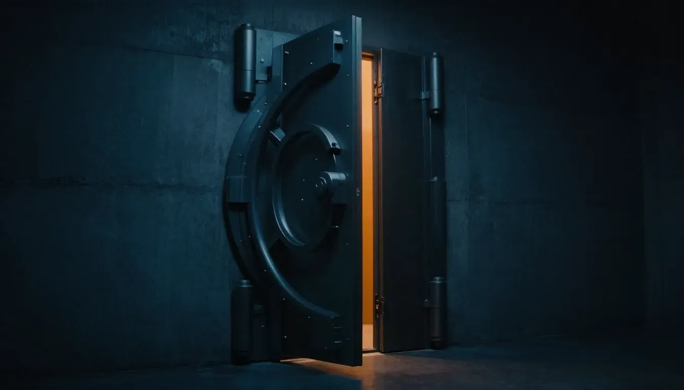 Heavy steel vault door ajar in a dark corridor with orange light escaping through the gap