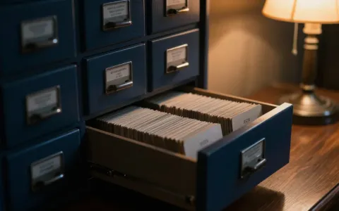 Library card catalogue drawers in deep blue shadow with warm amber lamp light