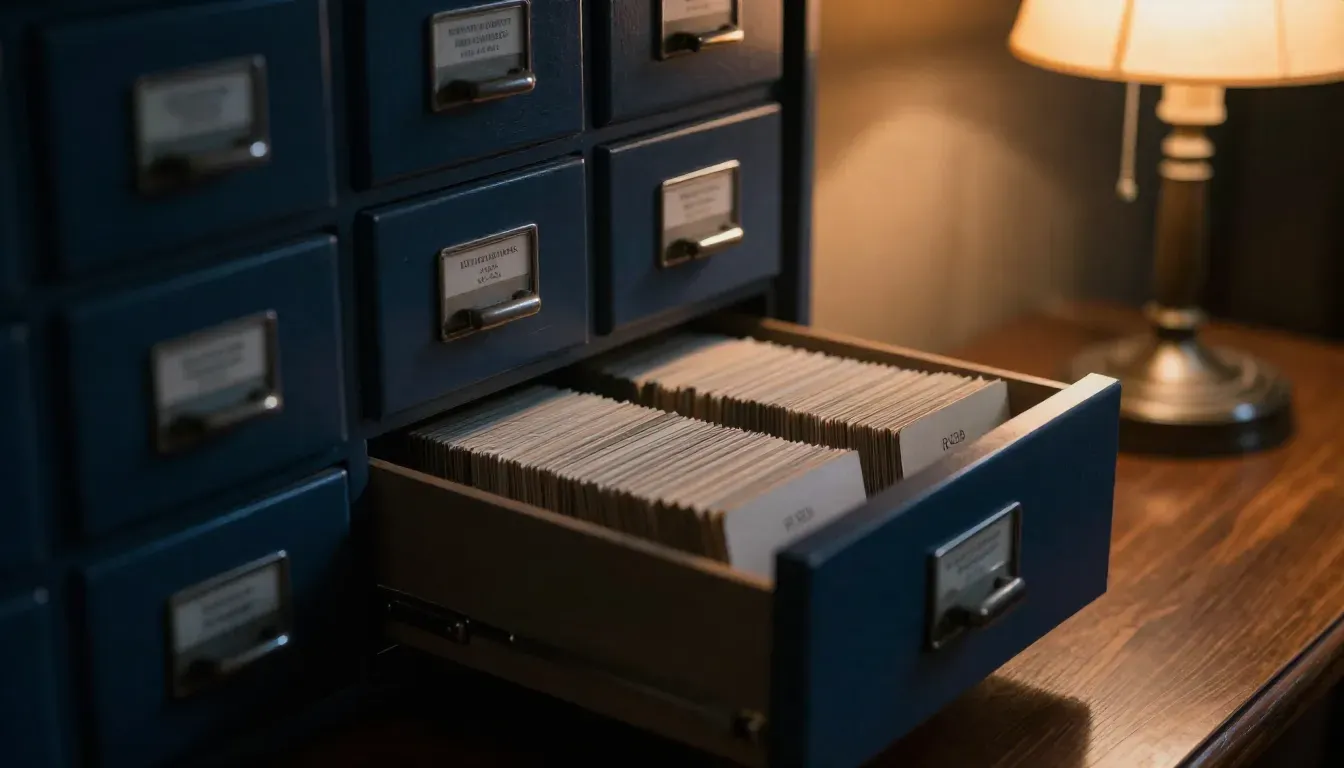 Library card catalogue drawers in deep blue shadow with warm amber lamp light