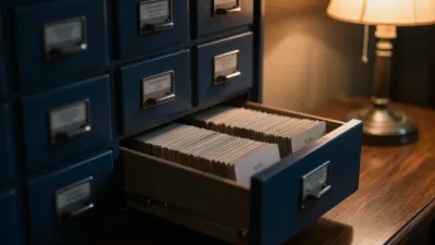 Library card catalogue drawers in deep blue shadow with warm amber lamp light