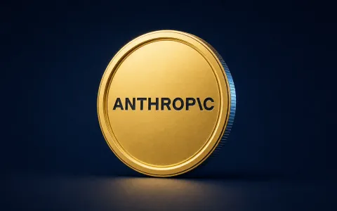 A golden coin with the Anthropic wordmark embossed on its face against a deep navy blue background