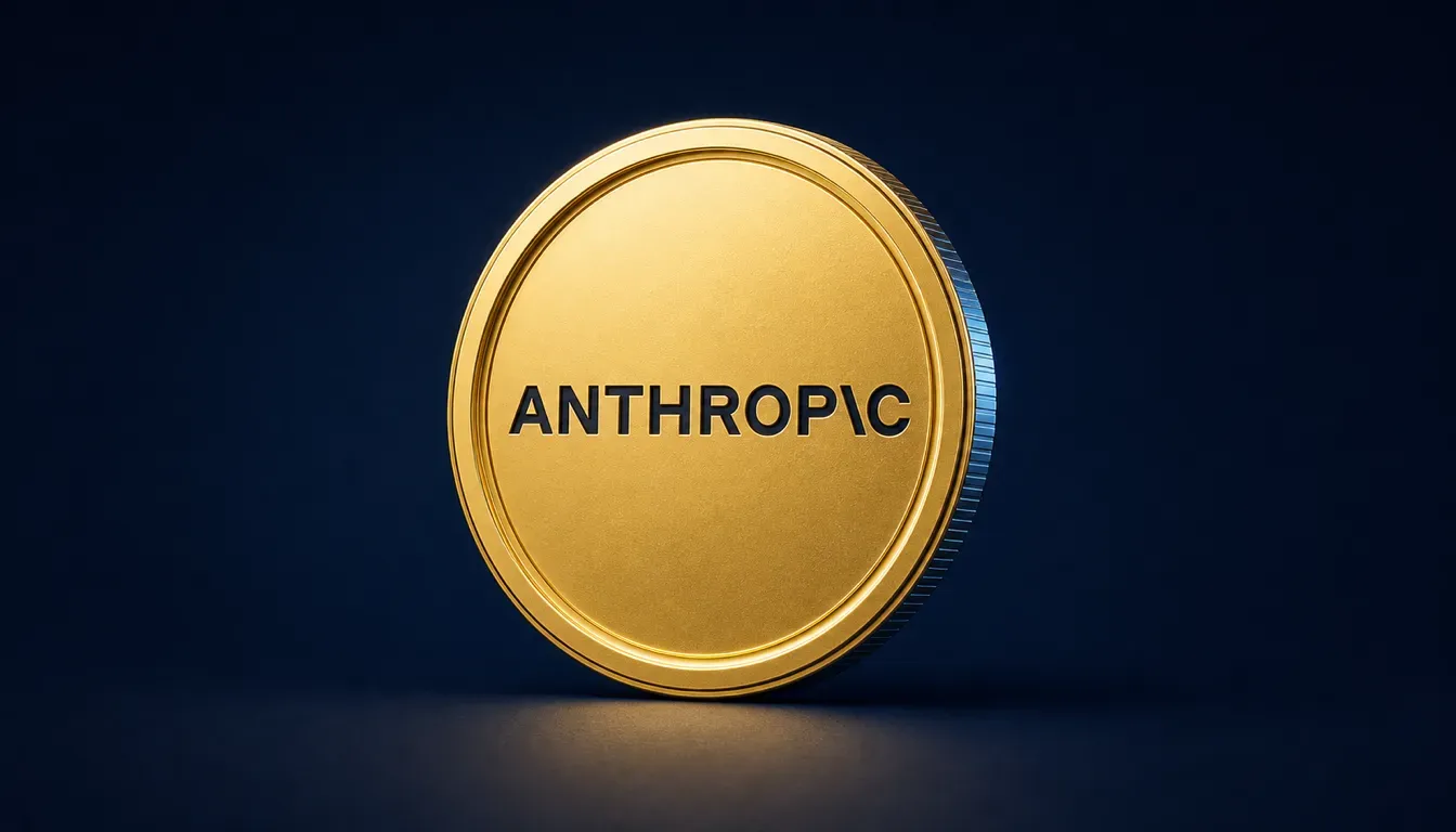 A golden coin with the Anthropic wordmark embossed on its face against a deep navy blue background