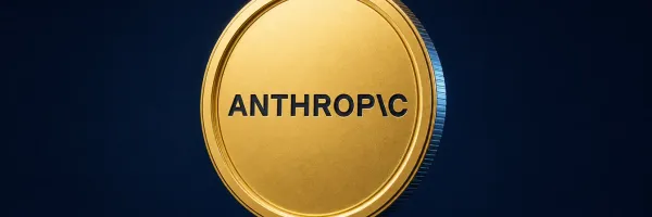 A golden coin with the Anthropic wordmark embossed on its face against a deep navy blue background