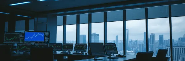 Empty trading floor with multiple monitors displaying red downward stock charts in cold blue lighting