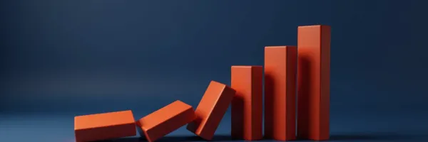 Orange 3D bar chart collapsing like dominoes on deep blue background