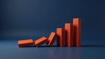 Orange 3D bar chart collapsing like dominoes on deep blue background