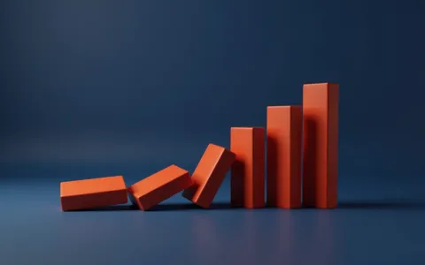 Orange 3D bar chart collapsing like dominoes on deep blue background