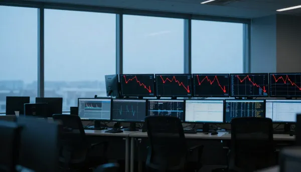 Empty trading floor with multiple monitors displaying red downward stock charts in cold blue lighting