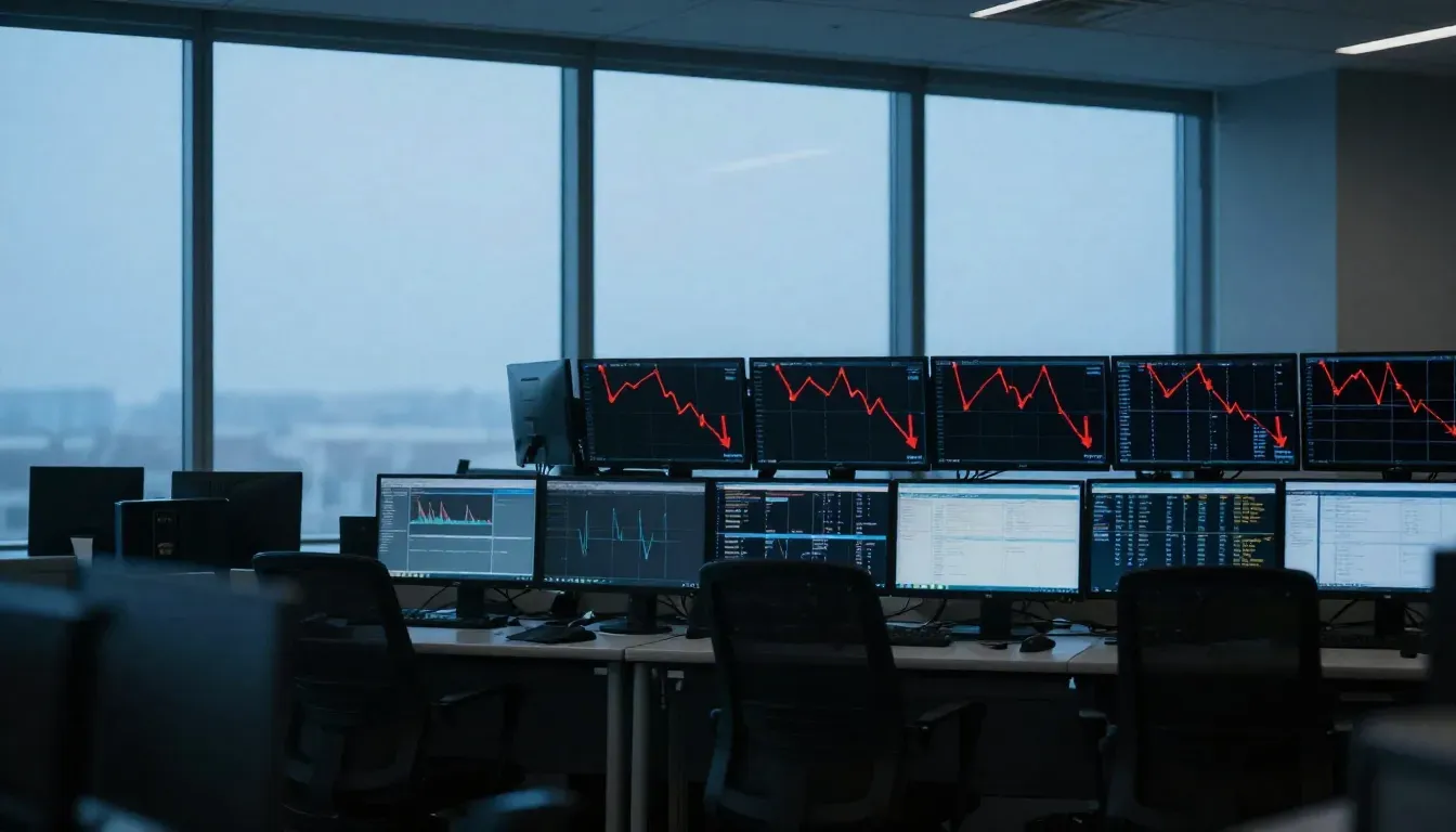 Empty trading floor with multiple monitors displaying red downward stock charts in cold blue lighting
