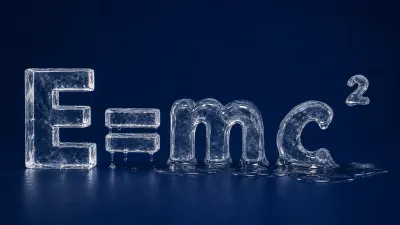 Ice sculpture of Einstein's E=mc² equation melting on deep blue background