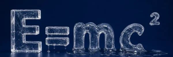 Ice sculpture of Einstein's E=mc² equation melting on deep blue background