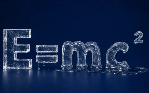 Ice sculpture of Einstein's E=mc² equation melting on deep blue background