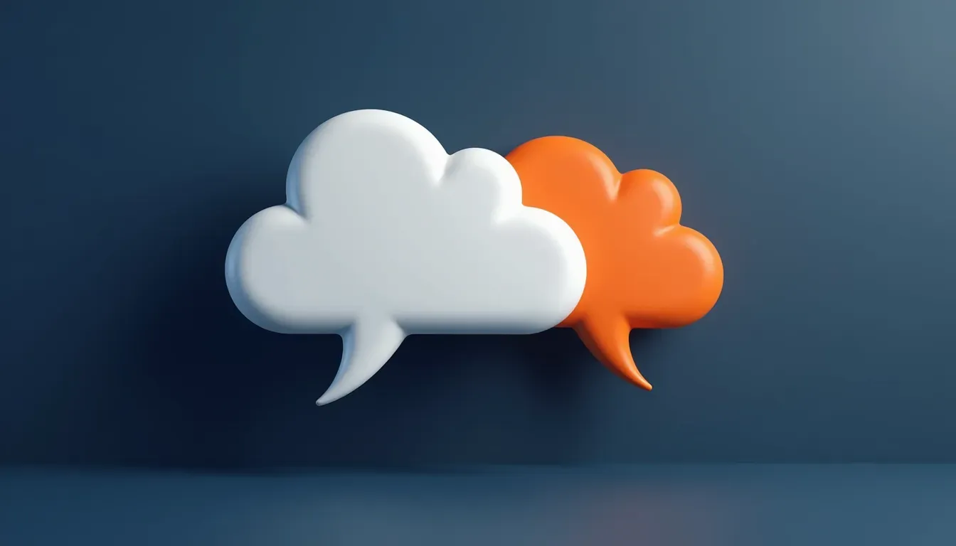 Two overlapping 3D cloud-shaped speech bubbles, one white and one orange, on a deep navy background