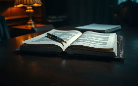 Heavy contract open on a dark mahogany desk with a fountain pen and warm amber desk lamp
