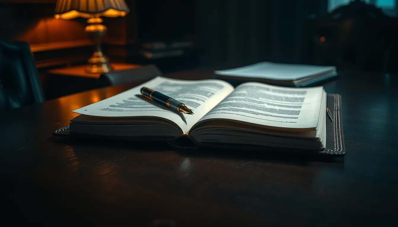 Heavy contract open on a dark mahogany desk with a fountain pen and warm amber desk lamp