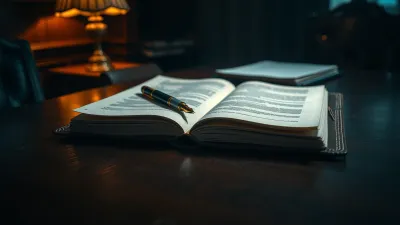 Heavy contract open on a dark mahogany desk with a fountain pen and warm amber desk lamp