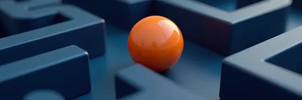 Orange marble at an intersection inside a blue 3D maze with corridors diverging in multiple directions