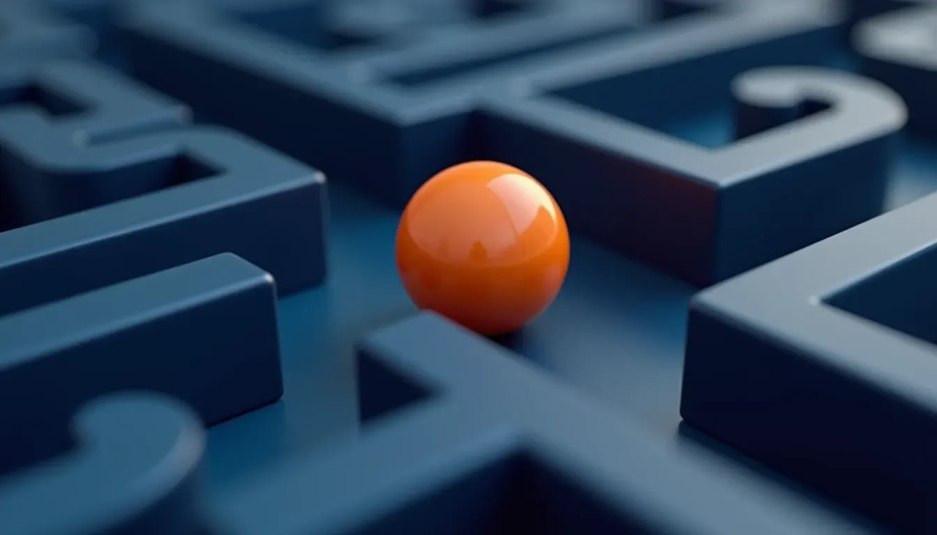 Orange marble at an intersection inside a blue 3D maze with corridors diverging in multiple directions