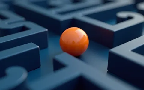Orange marble at an intersection inside a blue 3D maze with corridors diverging in multiple directions