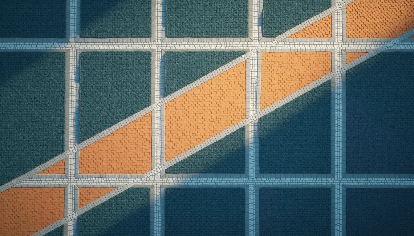 Overhead view of a grid of white paved paths on a deep navy lawn with a worn orange shortcut cutting diagonally across it