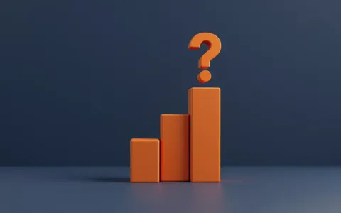 Orange 3D bar chart with question mark on top against deep blue background