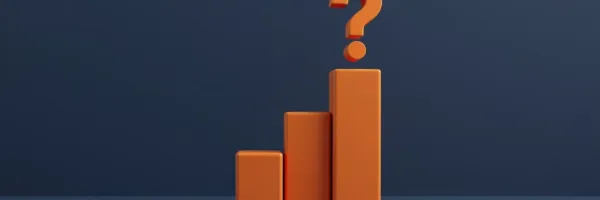 Orange 3D bar chart with question mark on top against deep blue background