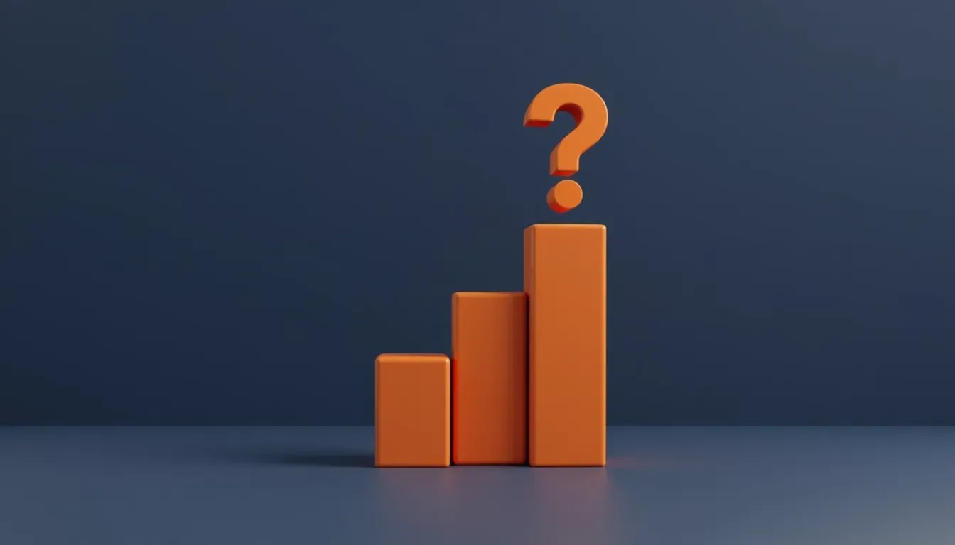 Orange 3D bar chart with question mark on top against deep blue background