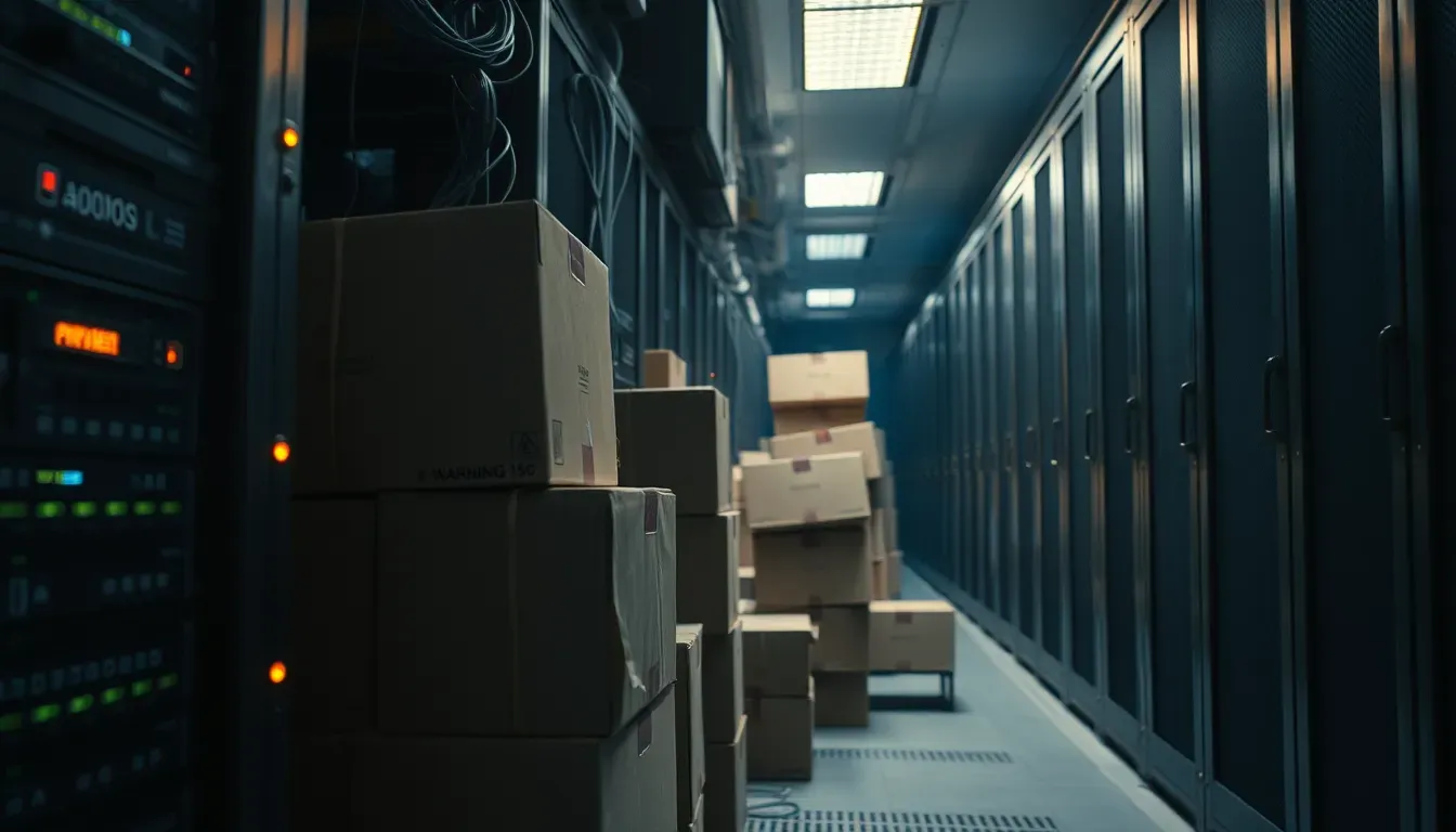 Cardboard moving boxes stacked in a data centre aisle during server migration
