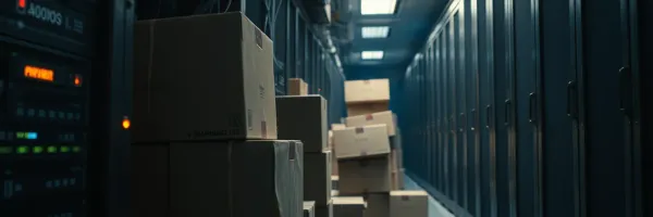 Cardboard moving boxes stacked in a data centre aisle during server migration