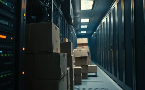 Cardboard moving boxes stacked in a data centre aisle during server migration