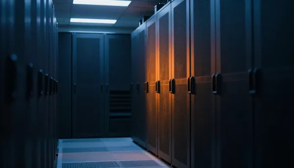 Corporate server room corridor with cold clinical blue lighting and warm orange glow creeping through