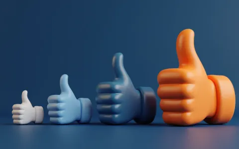 Row of four 3D thumbs-up icons escalating from small white to large orange on deep blue background