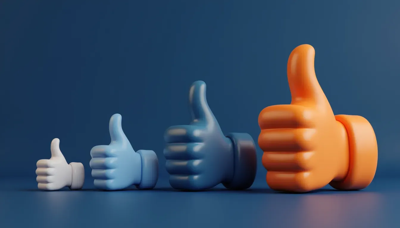 Row of four 3D thumbs-up icons escalating from small white to large orange on deep blue background