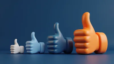 Row of four 3D thumbs-up icons escalating from small white to large orange on deep blue background
