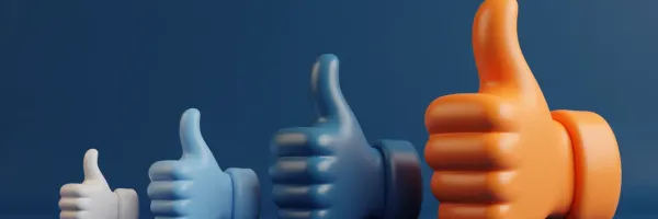 Row of four 3D thumbs-up icons escalating from small white to large orange on deep blue background