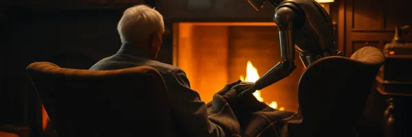 A metallic robot butler draping a plaid blanket over a person sitting by a fireplace in a warm Victorian study