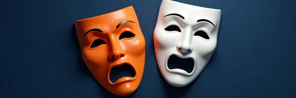 Orange and white 3D theatrical drama masks on deep blue background