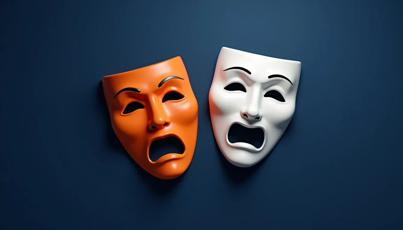Orange and white 3D theatrical drama masks on deep blue background