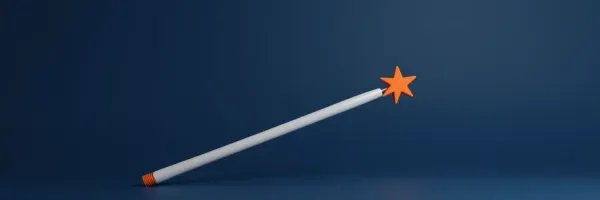 Inert orange 3D magic wand with star tip lying on deep blue background