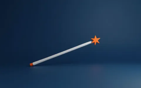 Inert orange 3D magic wand with star tip lying on deep blue background