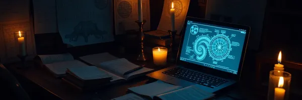 Laptop glowing with arcane symbols on a dark wooden desk surrounded by candles and handwritten diagrams