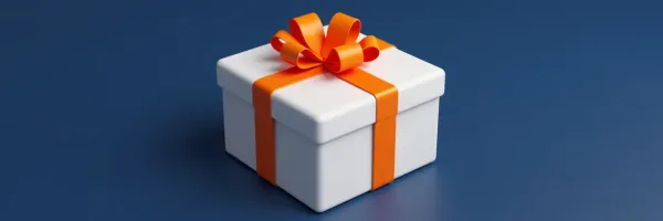 White gift box with orange ribbon on deep navy blue background