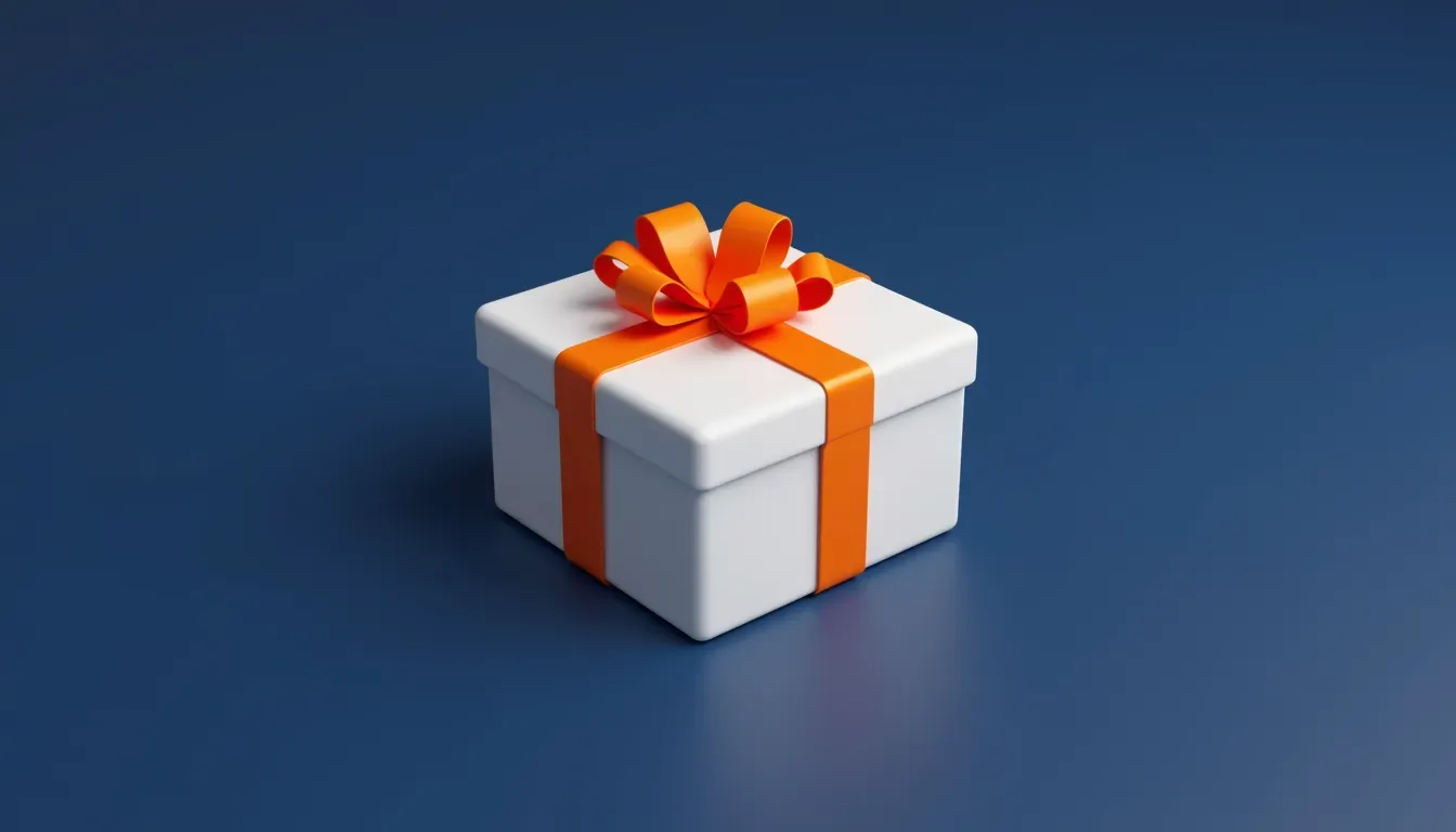 White gift box with orange ribbon on deep navy blue background