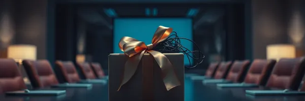 Gift box with cables spilling out on an empty corporate boardroom table in cold blue lighting
