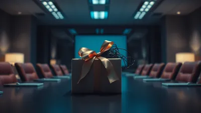 Gift box with cables spilling out on an empty corporate boardroom table in cold blue lighting
